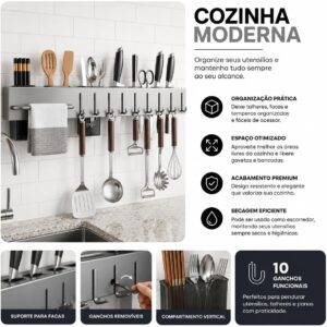 Organizador de Cozinha Parede Inox Cinza 10 Ganchos Multifuncional IZEKITCHEN PRO