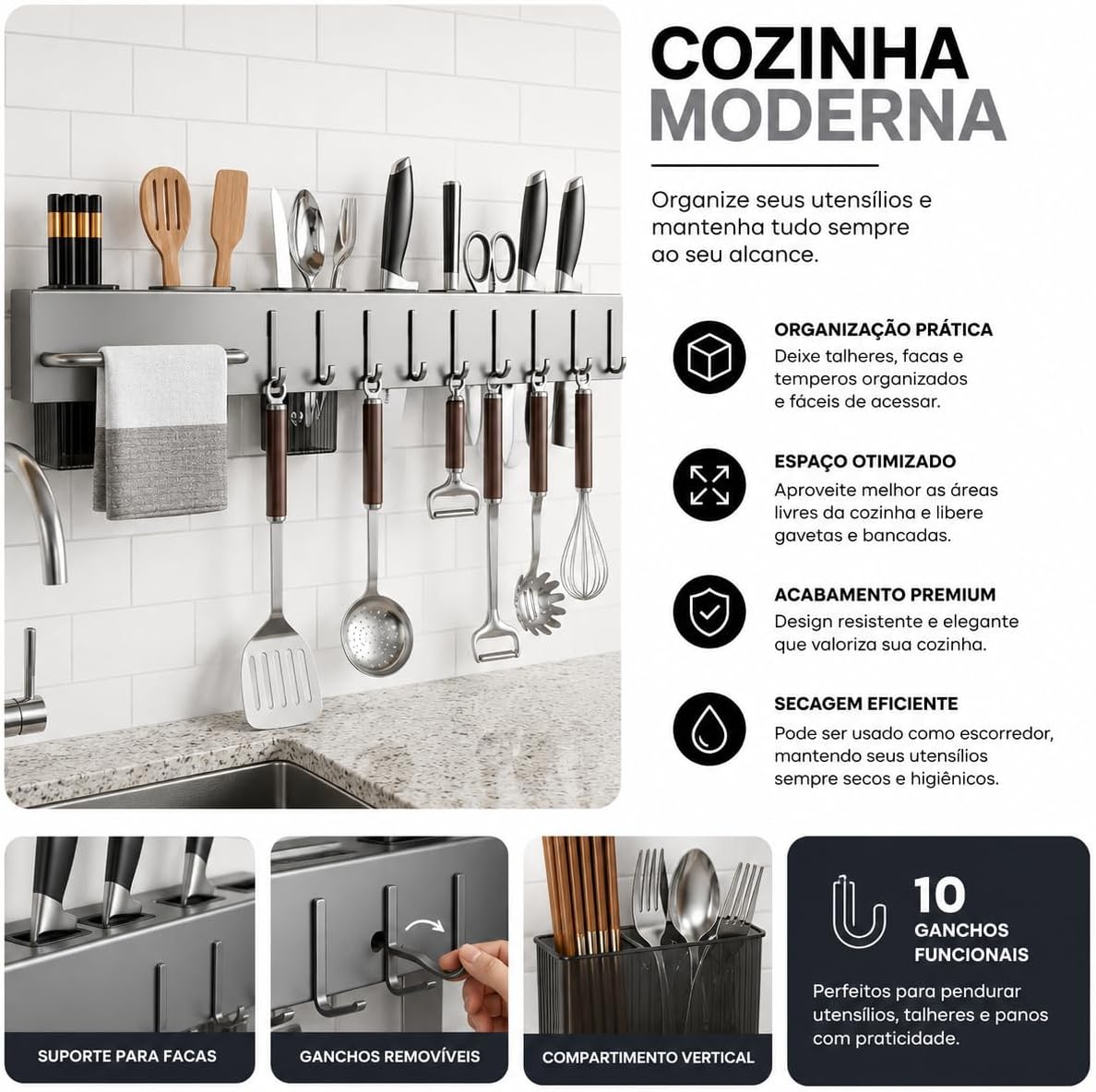 Organizador de Cozinha Parede Inox Cinza 10 Ganchos Multifuncional IZEKITCHEN PRO