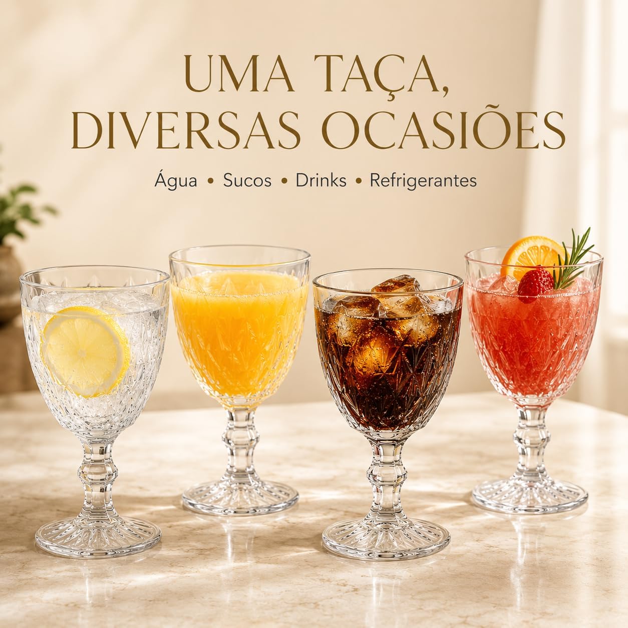 Jogo 6 Taças de Vidro Diamond 340 ml Transparente com Relevo Facetado para Drinks, Água e Mesa Posta IZEHOME