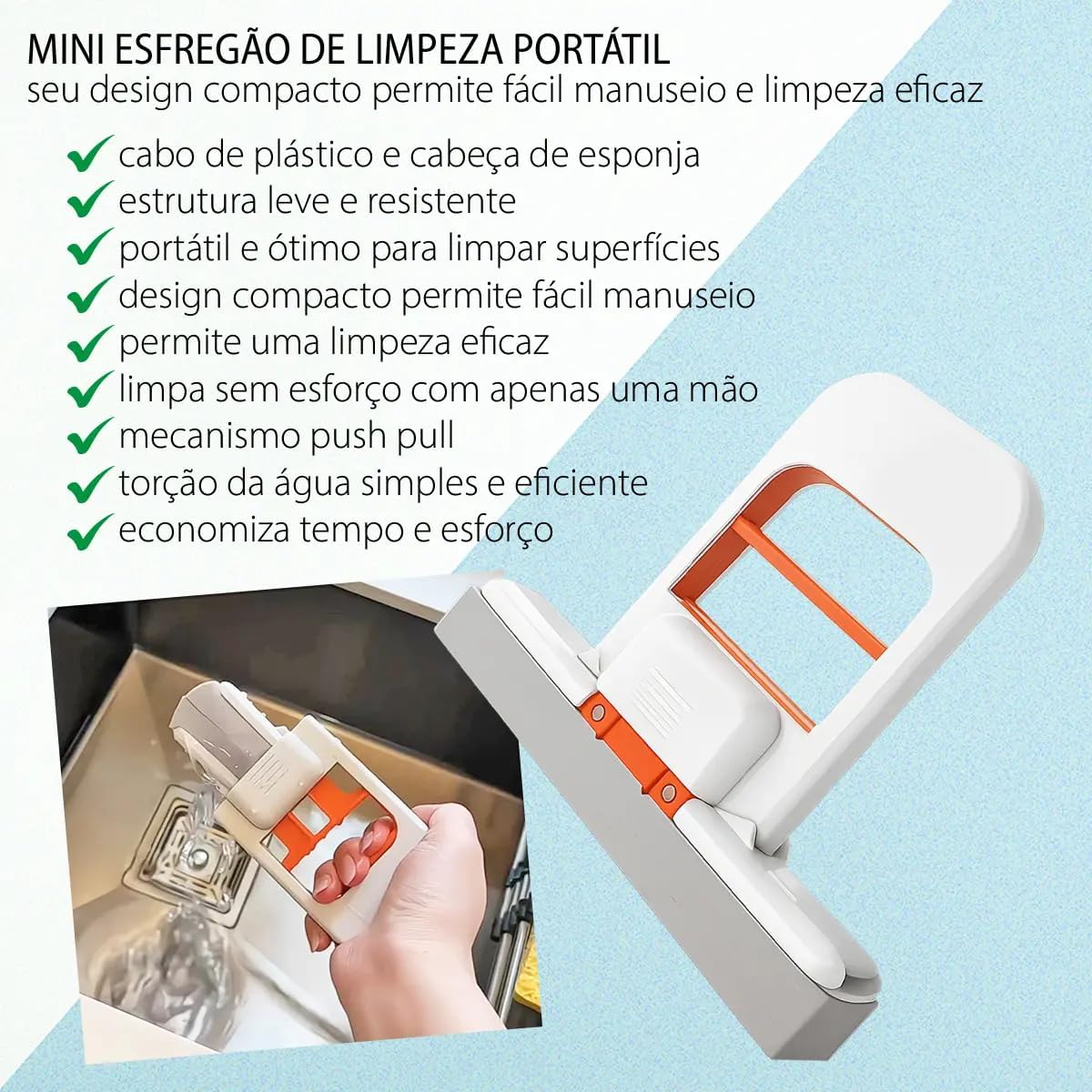 Mini Mop Absorvente Portátil PVA com Auto-Torção, 15 cm, para Pia, Vidros e Espelhos IZE CLEAN