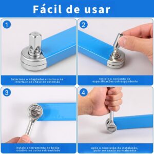 Chave de Extensão Catraca 39cm Aço Cromado 4 Adaptadores 1/4 3/8 1/2 Reforçada IZECRANK PRO