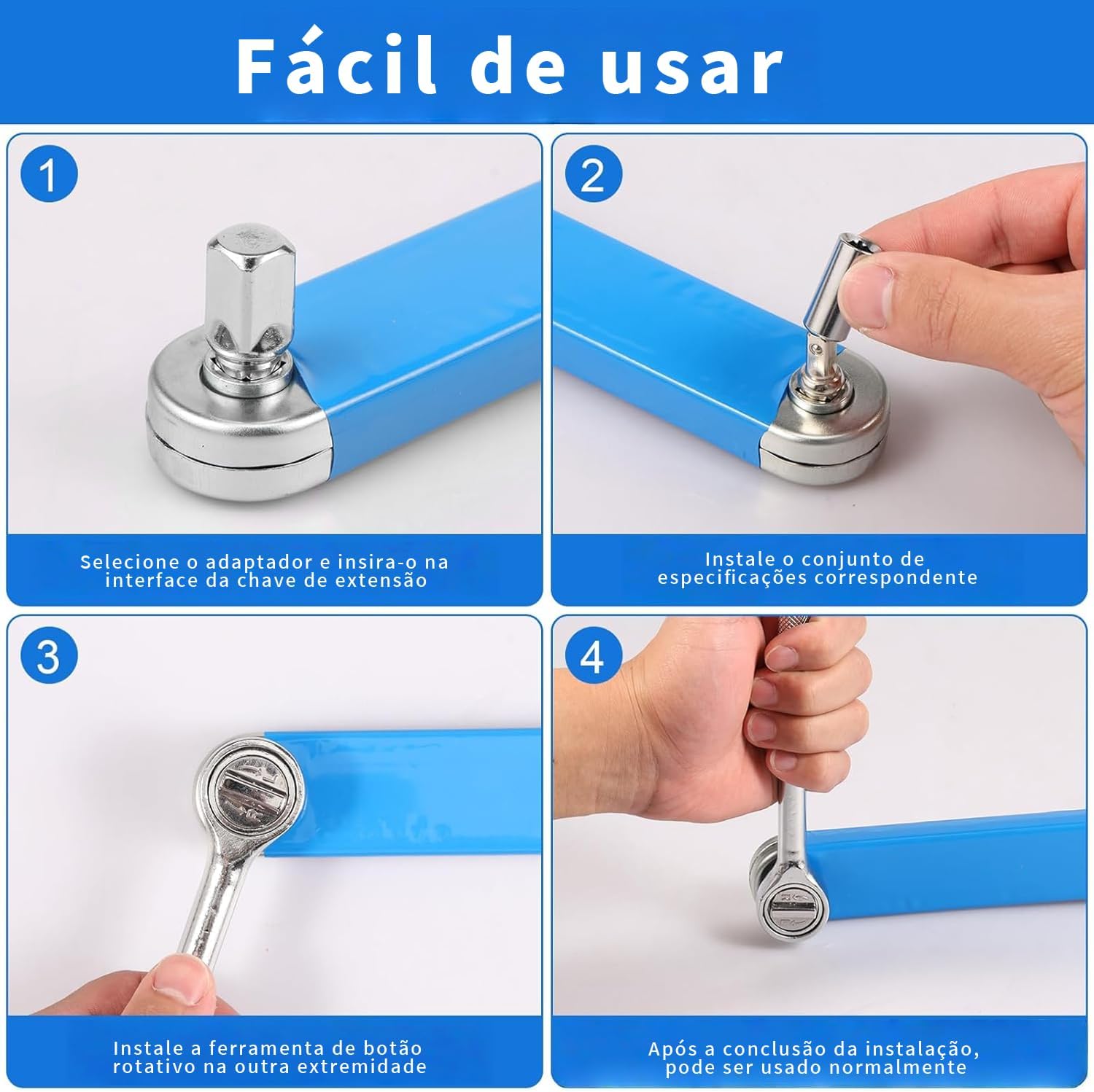 Chave de Extensão Catraca 39cm Aço Cromado 4 Adaptadores 1/4 3/8 1/2 Reforçada IZECRANK PRO