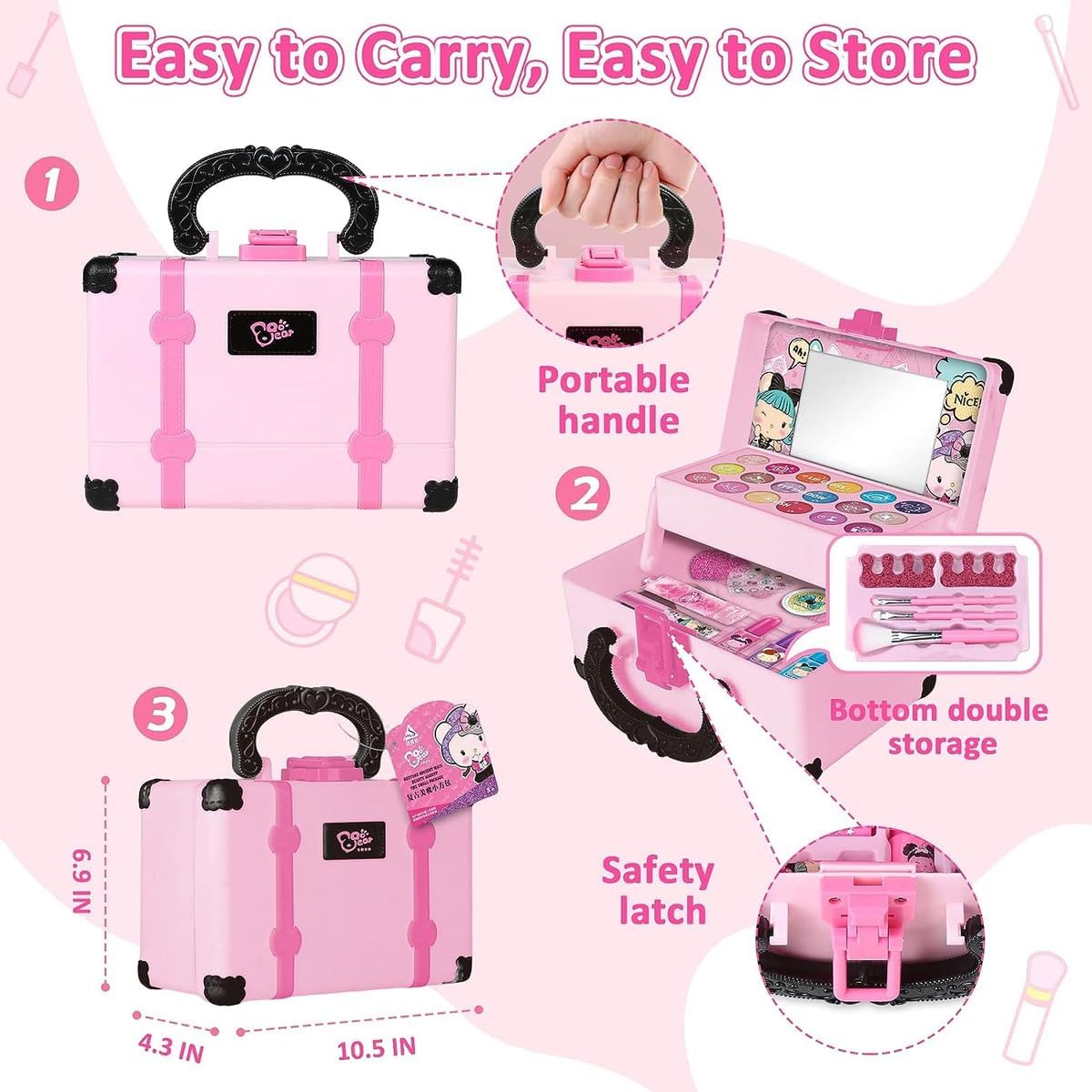 Conjunto de Maquiagem Infantil Lavável 32 Peças com Estojo, Gloss, Sombras, Blush e Acessórios para Nail Art IZE GLOW