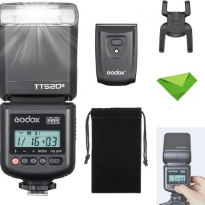 Flash Godox TT520III Manual GN 33, sem TTL, receptor 433 MHz, transmissor RT incluso e cabeça articulada para câmeras Canon, Nikon e Sony IZEFLASH PRO