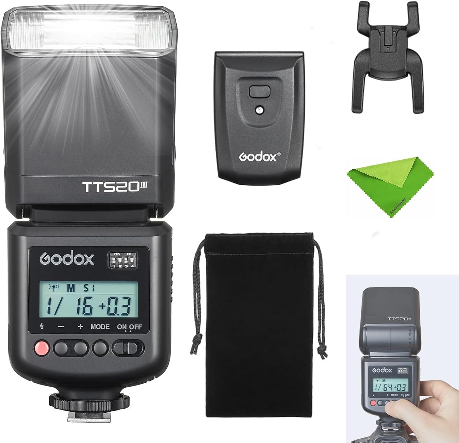 Flash Godox TT520III Manual sem TTL, GN 33, 8 níveis de potência, rádio 433 MHz, cabeça móvel e transmissor RT IZEFLASH PRO