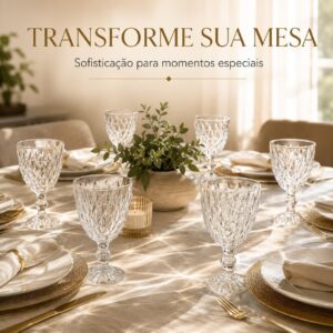 Jogo 6 Taças de Vidro Diamond 340 ml Transparente com Relevo Facetado para Drinks, Água e Mesa Posta IZEHOME