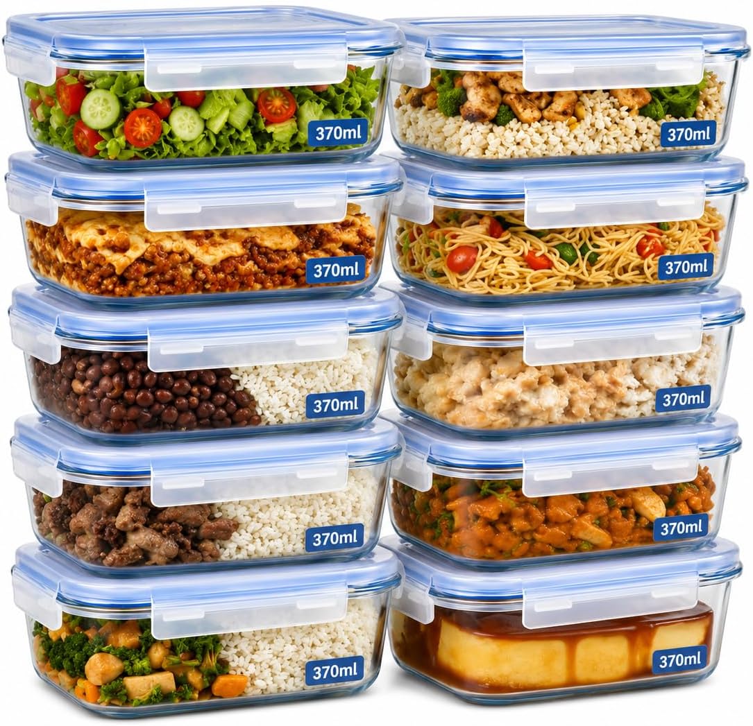 Kit 10 Potes Vidro Borossilicato 370ml Retangular Hermético 4 Travas Freezer Forno Micro-ondas IZELOCK PRO