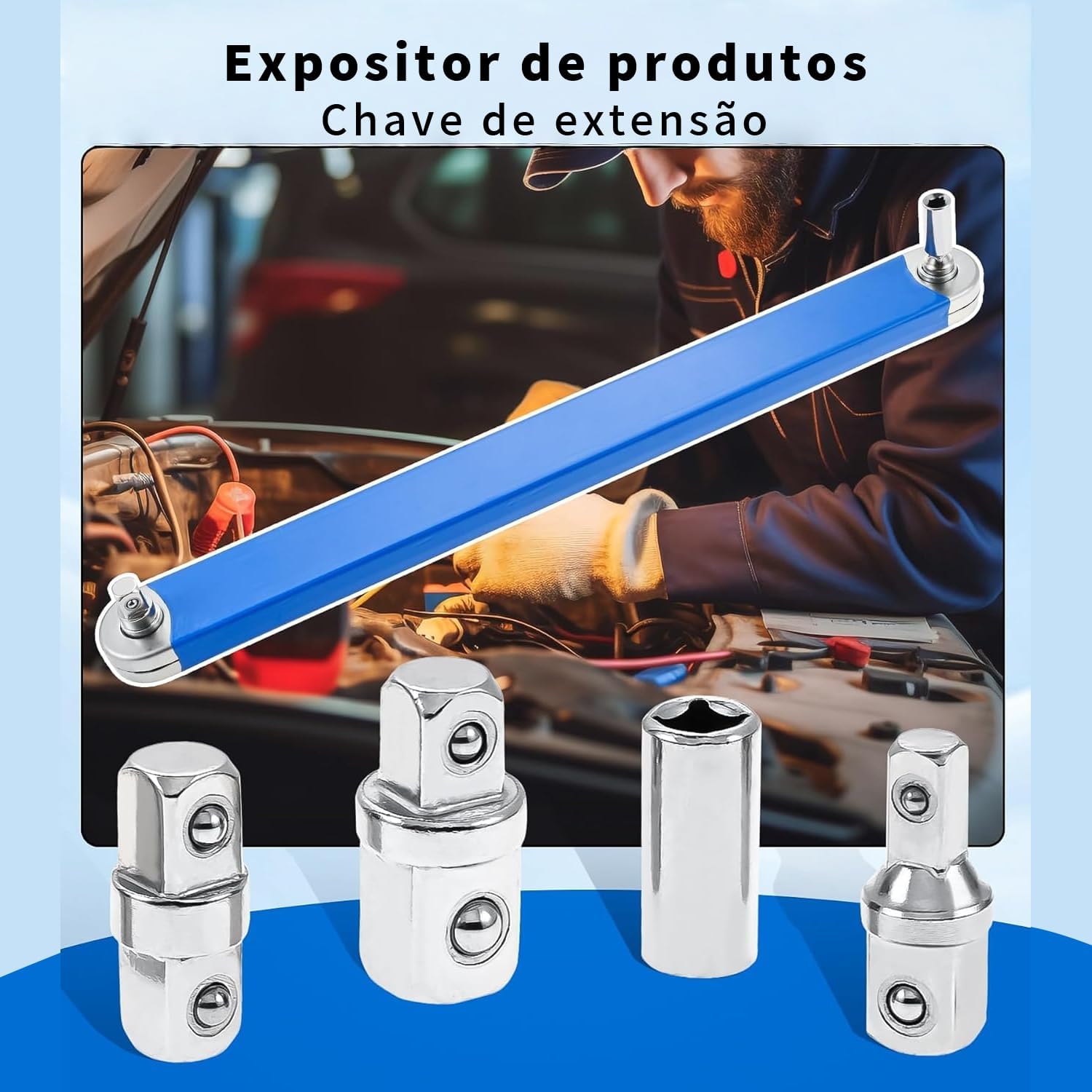Chave de Extensão Catraca 39cm Aço Cromado 4 Adaptadores 1/4 3/8 1/2 Reforçada IZECRANK PRO