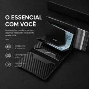 Carteira Slim Porta-Cartões Automática Pop-Up RFID Fibra de Carbono Preta Premium IZEVAULT PRO