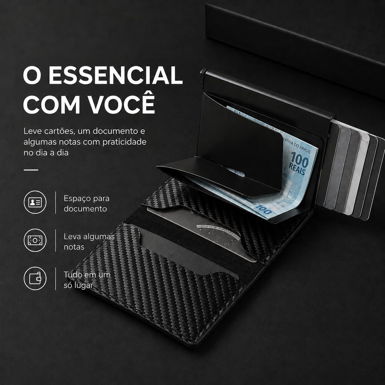 Carteira Slim Porta-Cartões Automática Pop-Up RFID Fibra de Carbono Preta Premium IZEVAULT PRO