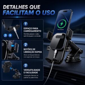 Suporte Veicular para Celular e GPS com Ventosa de Alta Sucção, Trava Automática, Antivibração e Ajuste de Ângulo para Painel ou Para-brisa IZEROAD FLEX Suporte Veicular para Celular e GPS com Ventosa de Alta Sucção, Trava Automática, Antivibração e Ajuste de Ângulo para Painel ou Para-brisa IZEROAD FLEX