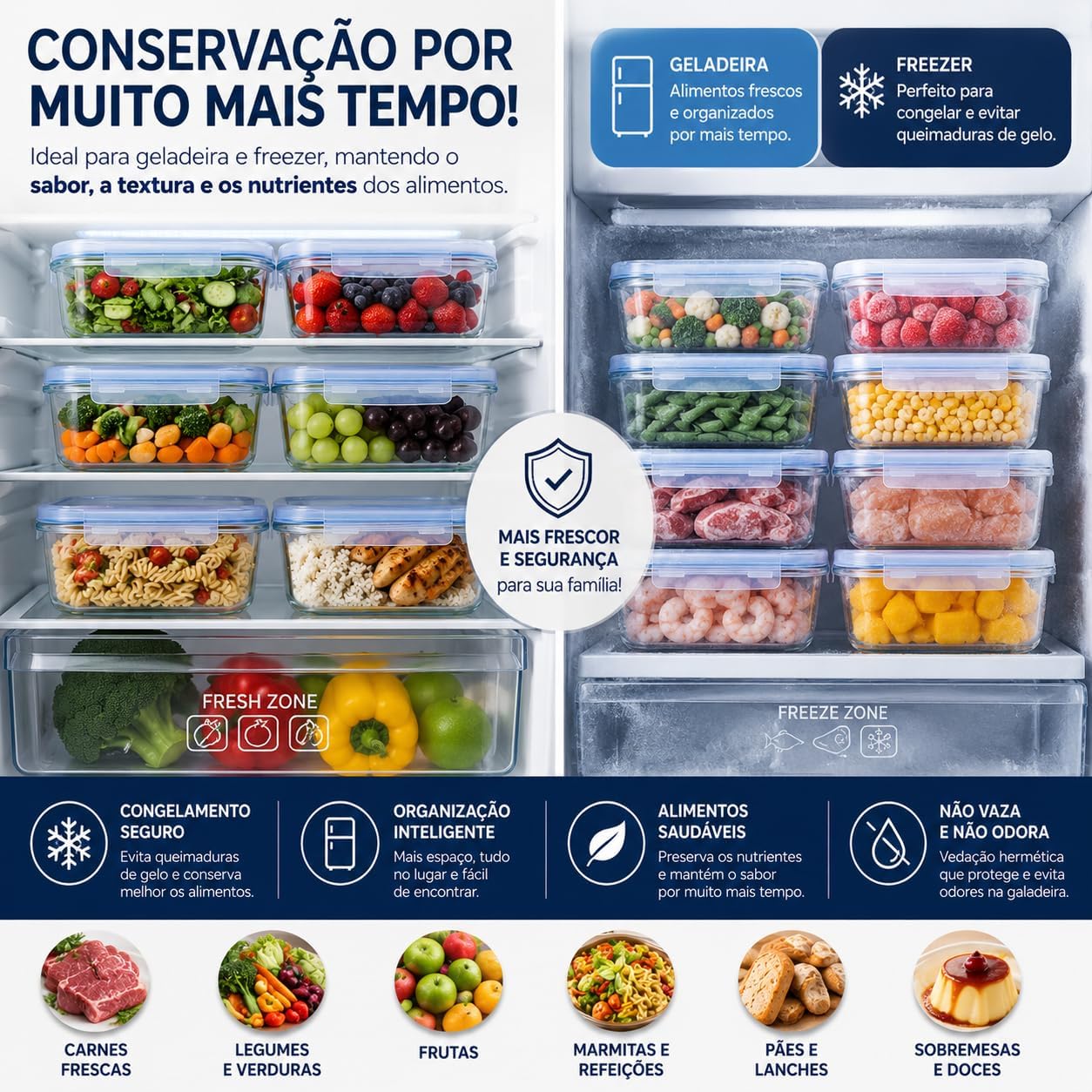 Kit 10 Potes de Vidro Herméticos 640 ml com 4 Travas, Reutilizáveis para Marmita, Forno, Micro-ondas e Freezer IZEHOME