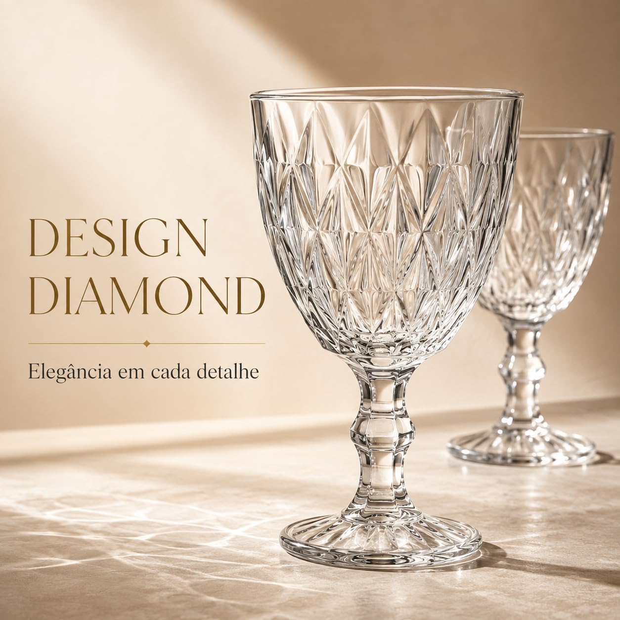 Jogo 6 Taças de Vidro Diamond 340 ml Transparente com Relevo Facetado para Drinks, Água e Mesa Posta IZEHOME