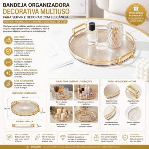 Bandeja Organizadora Redonda de Plástico com Alças, Borda Dourada e Elevada, 25,5 cm, para Servir e Decorar IZEHOME Bandeja Organizadora Redonda de Plástico com Alças, Borda Dourada e Elevada, 25,5 cm, para Servir e Decorar IZEHOME