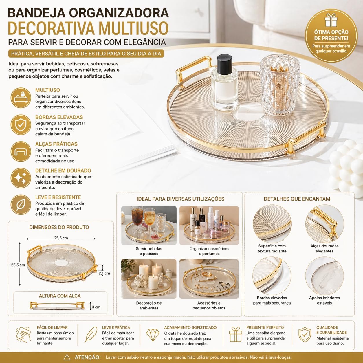 Bandeja Organizadora Redonda de Plástico com Alças, Borda Dourada e Elevada, 25,5 cm, para Servir e Decorar IZEHOME IZESHOP Bandeja organizadora de plástico com acabamento liso e detalhe dourado decorativo