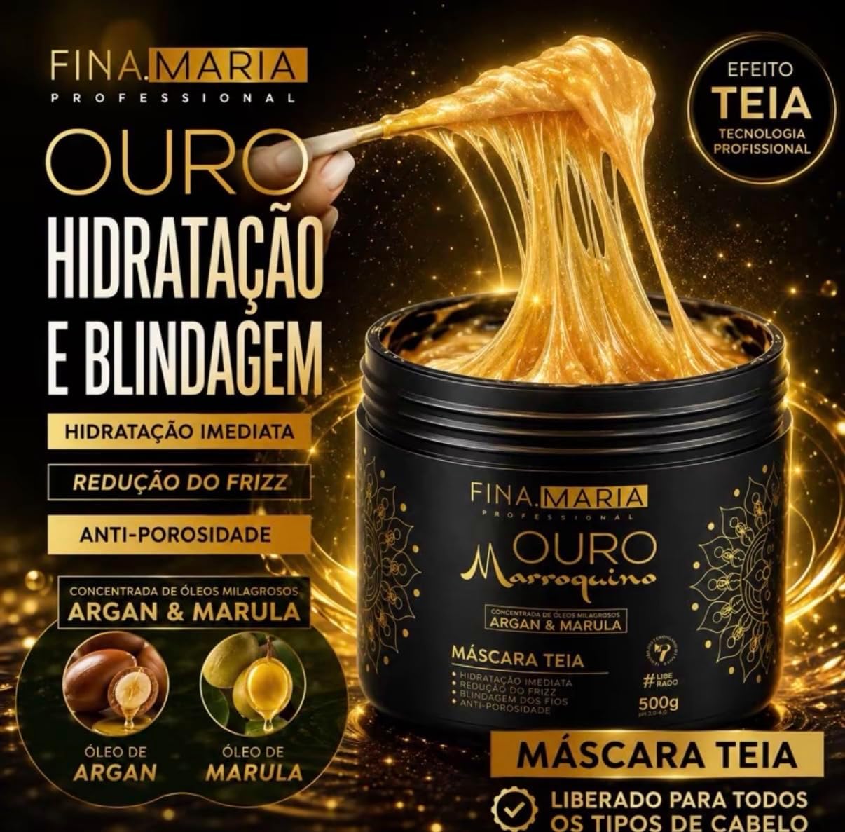 Máscara Capilar Ouro Marroquino Professional Teia com Óleos de Argan e Marula, Hidratação, Brilho e Controle do Frizz, 500 g IZECARE