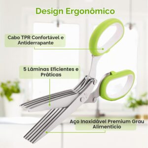 Tesoura de Ervas 5 Lâminas Inox Verde com Tampa Antiderrapante Multiuso IZECHOP PRO