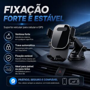 Suporte Veicular para Celular e GPS com Ventosa de Alta Sucção, Trava Automática, Antivibração e Ajuste de Ângulo para Painel ou Para-brisa IZEROAD FLEX Suporte Veicular para Celular e GPS com Ventosa de Alta Sucção, Trava Automática, Antivibração e Ajuste de Ângulo para Painel ou Para-brisa IZEROAD FLEX