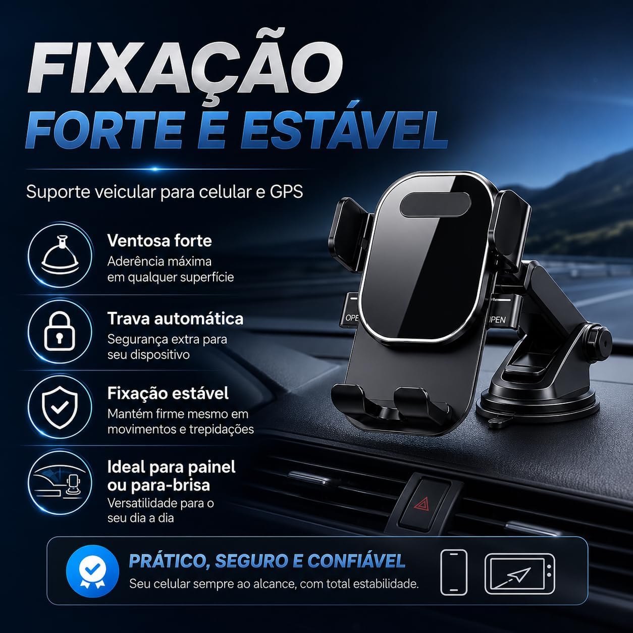 Suporte Veicular para Celular e GPS com Ventosa de Alta Sucção, Trava Automática, Antivibração e Ajuste de Ângulo para Painel ou Para-brisa IZEROAD FLEX IZESHOP Suporte para celular com ventosa ultra forte e base reforçada para painel ou para-brisa do carro