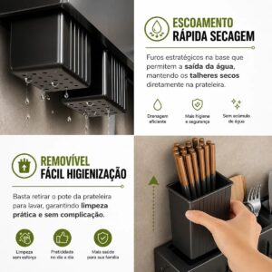 Organizador de Cozinha Parede Inox Cinza 10 Ganchos Multifuncional IZEKITCHEN PRO