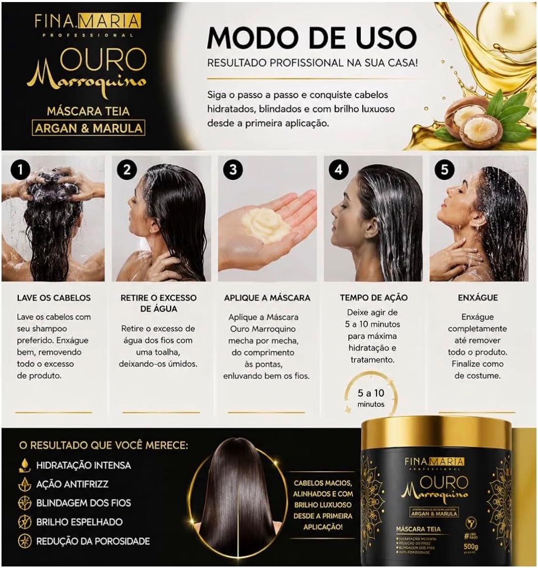 Máscara Capilar Ouro Marroquino Professional Teia com Óleos de Argan e Marula, Hidratação, Brilho e Controle do Frizz, 500 g IZECARE