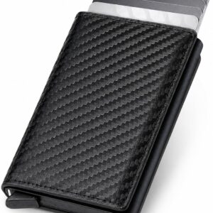 Carteira Slim Porta-Cartões Automática Pop-Up RFID Fibra de Carbono Preta Premium IZEVAULT PRO