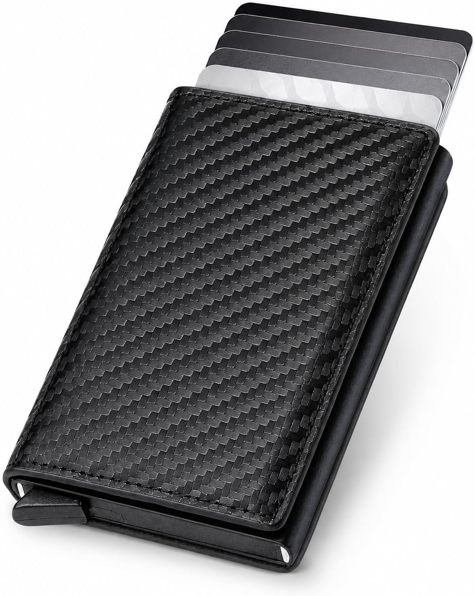 Carteira Slim Porta-Cartões Automática Pop-Up RFID Fibra de Carbono Preta Premium IZEVAULT PRO