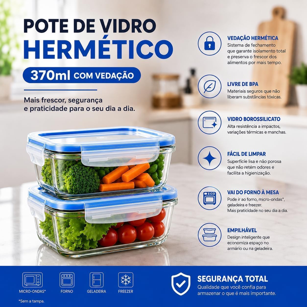 Kit 10 Potes Vidro Borossilicato 370ml Retangular Hermético 4 Travas Freezer Forno Micro-ondas IZELOCK PRO