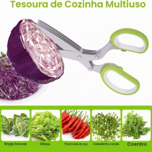 Tesoura de Ervas 5 Lâminas Inox Verde com Tampa Antiderrapante Multiuso IZECHOP PRO