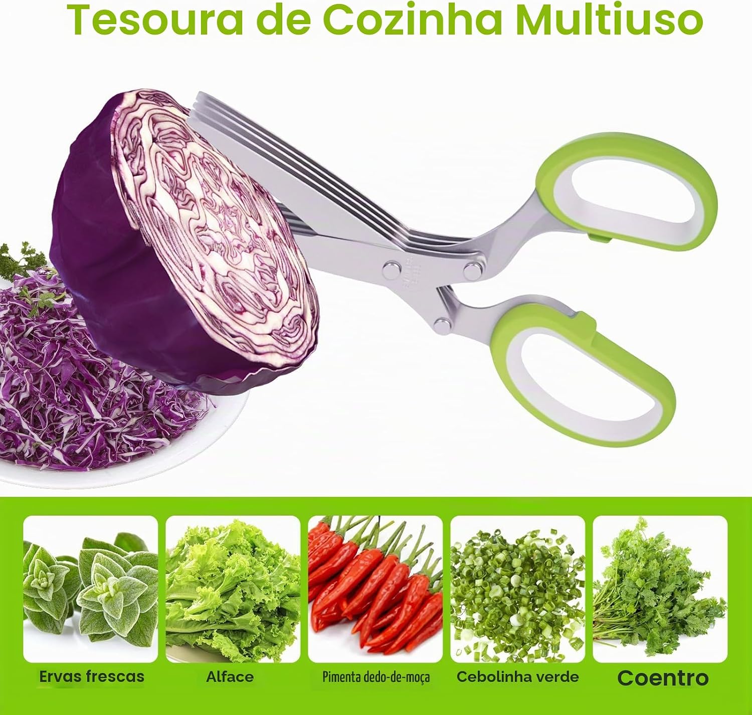 Tesoura de Ervas 5 Lâminas Inox Verde com Tampa Antiderrapante Multiuso IZECHOP PRO