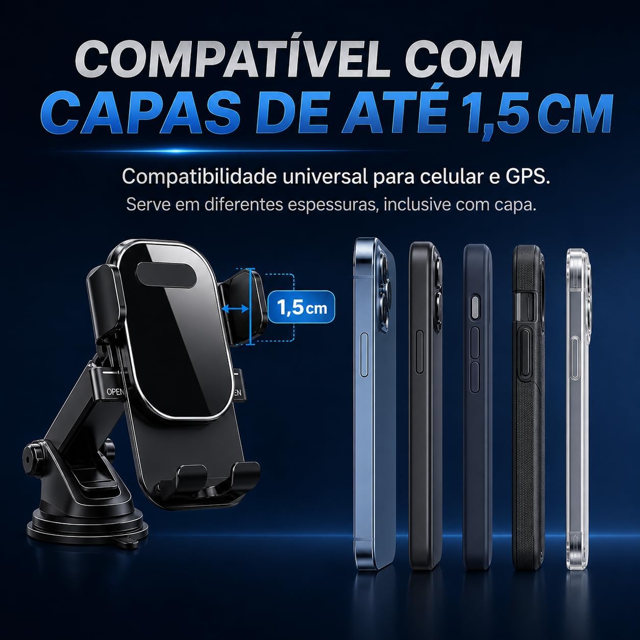 Suporte Veicular para Celular e GPS com Ventosa de Alta Sucção, Trava Automática, Antivibração e Ajuste de Ângulo para Painel ou Para-brisa IZEROAD FLEX IZESHOP Suporte veicular IZEROAD FLEX instalado no carro com celular firme e tela visível para navegação