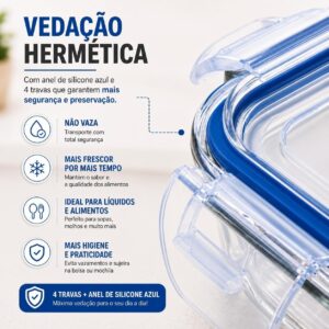 Kit 10 Potes Vidro Borossilicato 370ml Retangular Hermético 4 Travas Freezer Forno Micro-ondas IZELOCK PRO