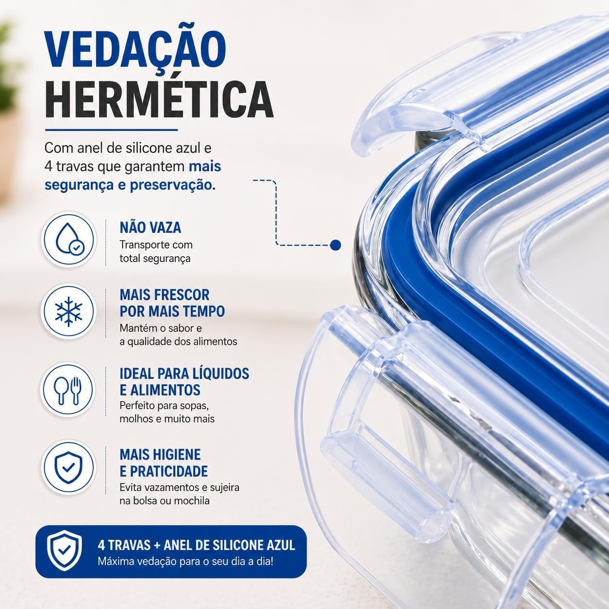 Kit 10 Potes Vidro Borossilicato 370ml Retangular Hermético 4 Travas Freezer Forno Micro-ondas IZELOCK PRO