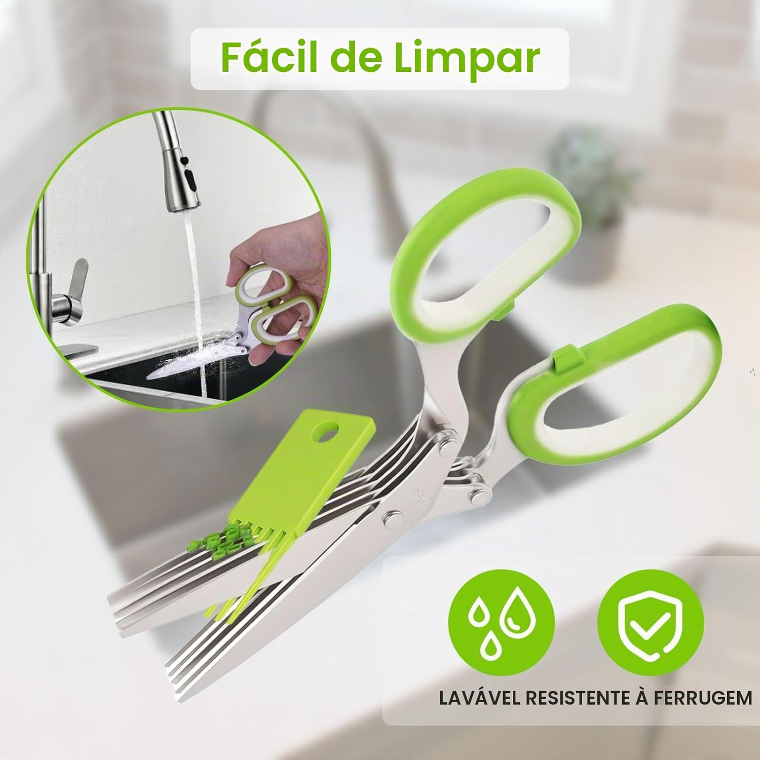 Tesoura de Ervas 5 Lâminas Inox Verde com Tampa Antiderrapante Multiuso IZECHOP PRO