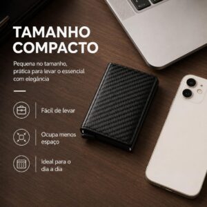 Carteira Slim Porta-Cartões Automática Pop-Up RFID Fibra de Carbono Preta Premium IZEVAULT PRO