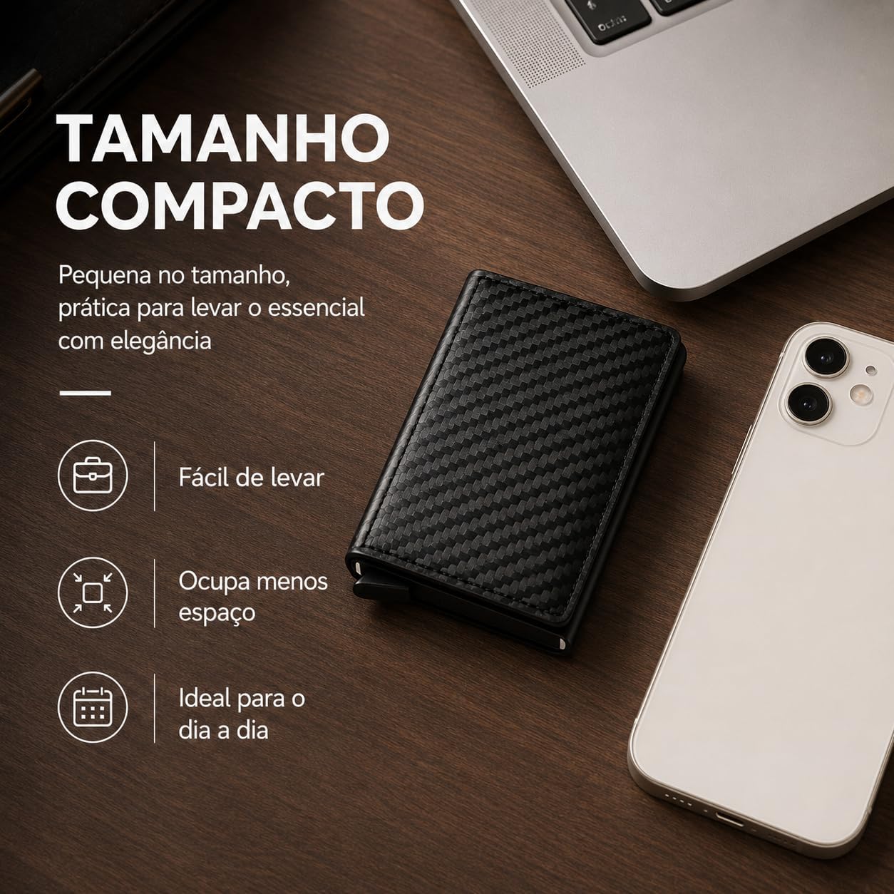 Carteira Slim Porta-Cartões Automática Pop-Up RFID Fibra de Carbono Preta Premium IZEVAULT PRO