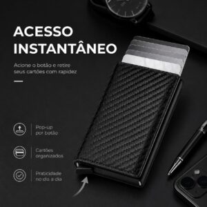 Carteira Slim Porta-Cartões Automática Pop-Up RFID Fibra de Carbono Preta Premium IZEVAULT PRO