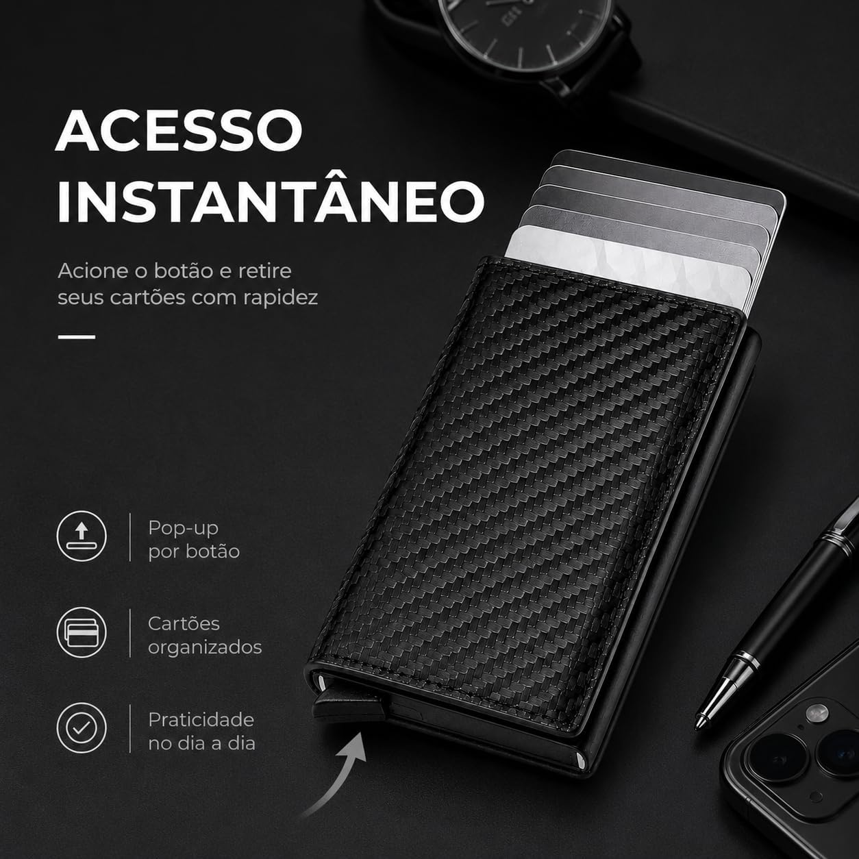 Carteira Slim Porta-Cartões Automática Pop-Up RFID Fibra de Carbono Preta Premium IZEVAULT PRO