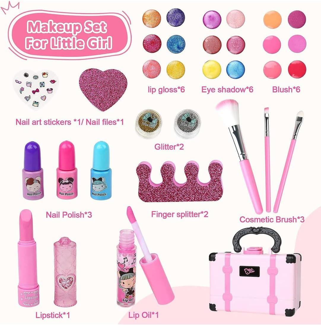 Conjunto de Maquiagem Infantil Lavável 32 Peças com Estojo, Gloss, Sombras, Blush e Acessórios para Nail Art IZE GLOW
