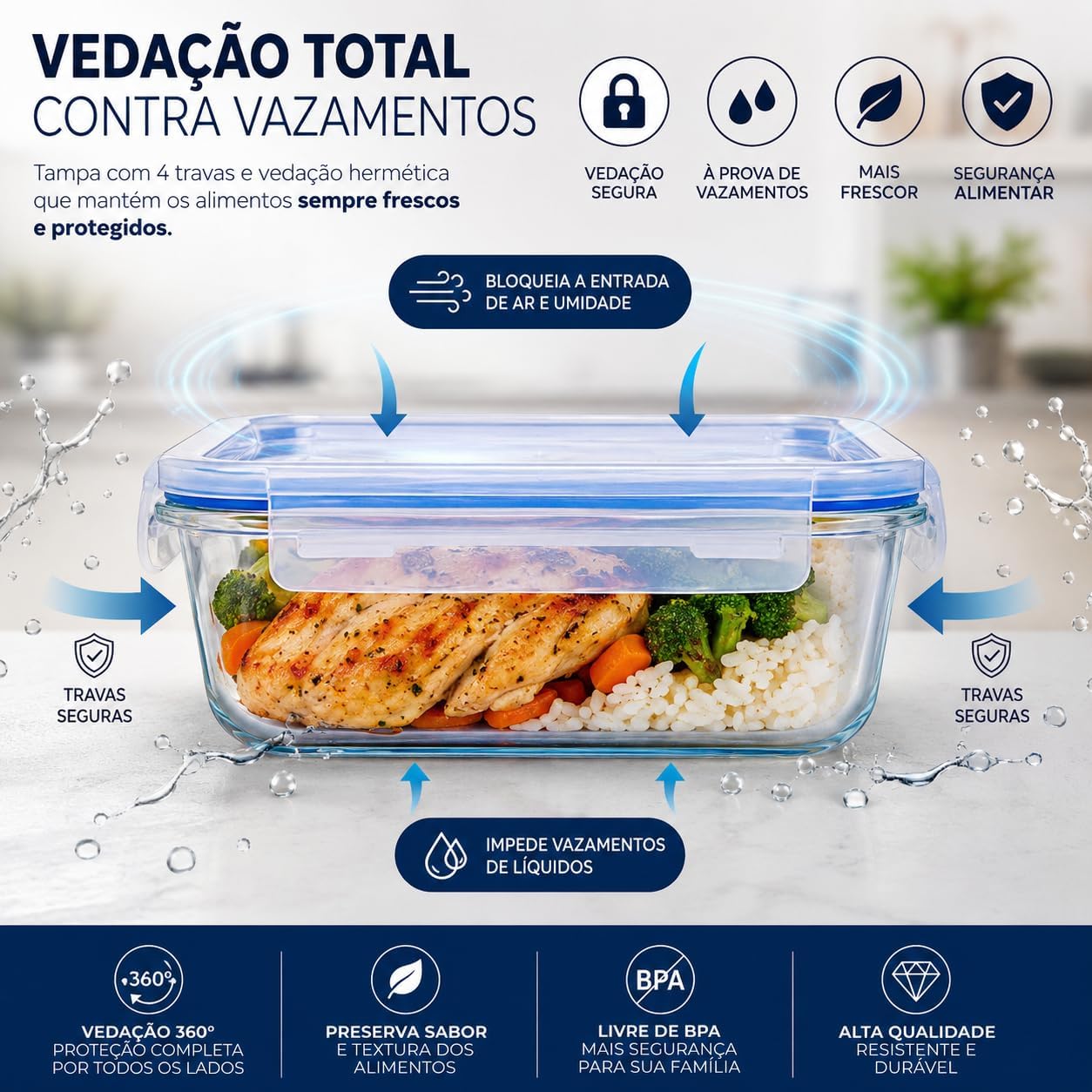 Kit 10 Potes de Vidro Herméticos 640 ml com 4 Travas, Reutilizáveis para Marmita, Forno, Micro-ondas e Freezer IZEHOME