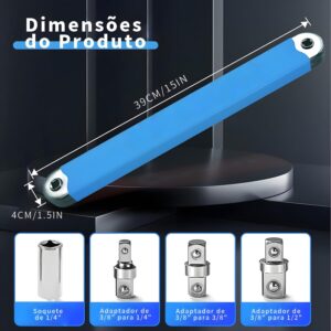Chave de Extensão Catraca 39cm Aço Cromado 4 Adaptadores 1/4 3/8 1/2 Reforçada IZECRANK PRO
