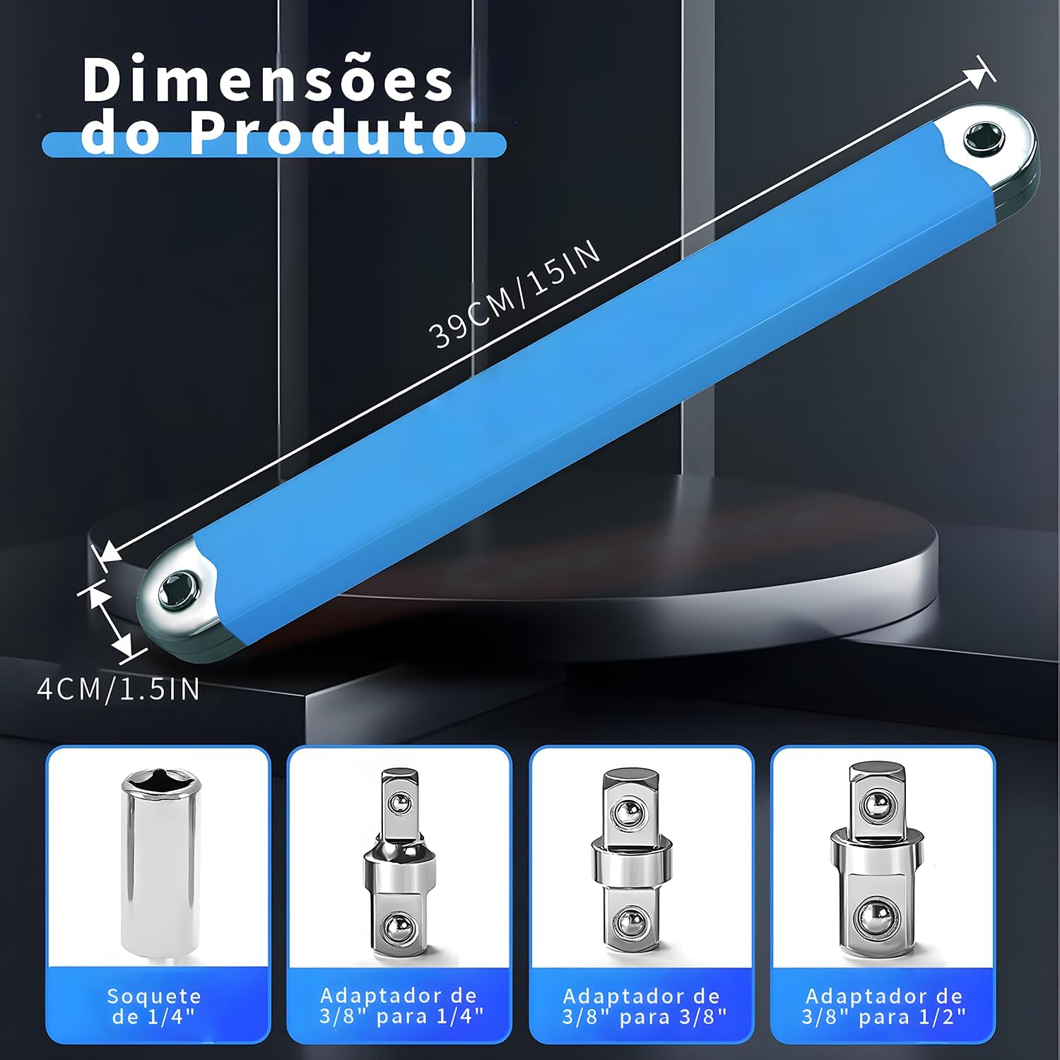 Chave de Extensão Catraca 39cm Aço Cromado 4 Adaptadores 1/4 3/8 1/2 Reforçada IZECRANK PRO