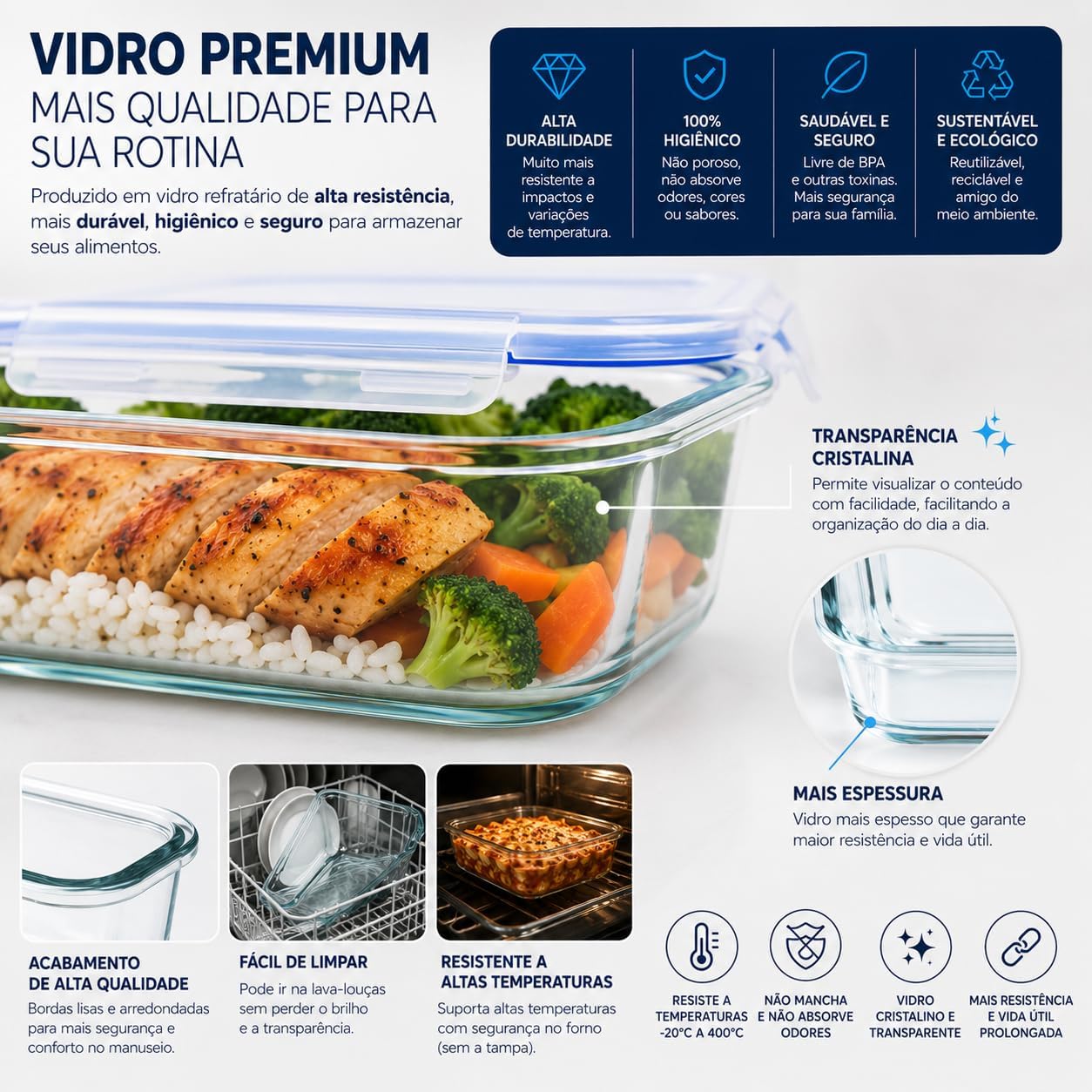 Kit 10 Potes de Vidro Herméticos 640 ml com 4 Travas, Reutilizáveis para Marmita, Forno, Micro-ondas e Freezer IZEHOME