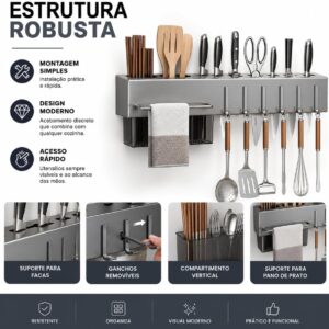Organizador de Cozinha Parede Inox Cinza 10 Ganchos Multifuncional IZEKITCHEN PRO