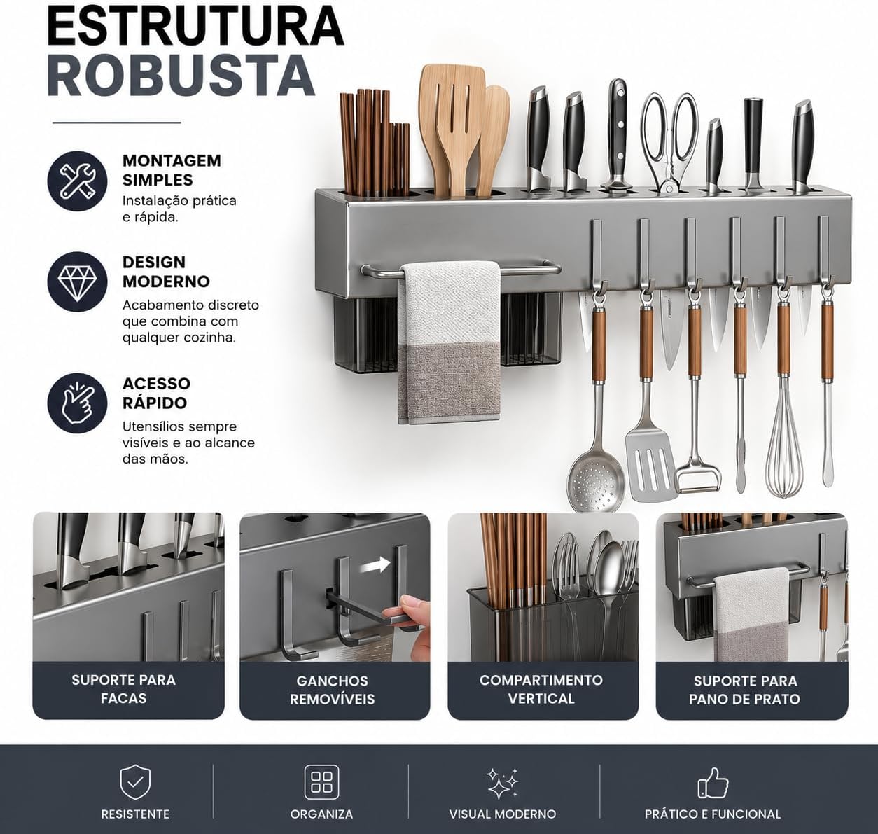 Organizador de Cozinha Parede Inox Cinza 10 Ganchos Multifuncional IZEKITCHEN PRO