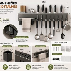Organizador de Cozinha Parede Inox Cinza 10 Ganchos Multifuncional IZEKITCHEN PRO