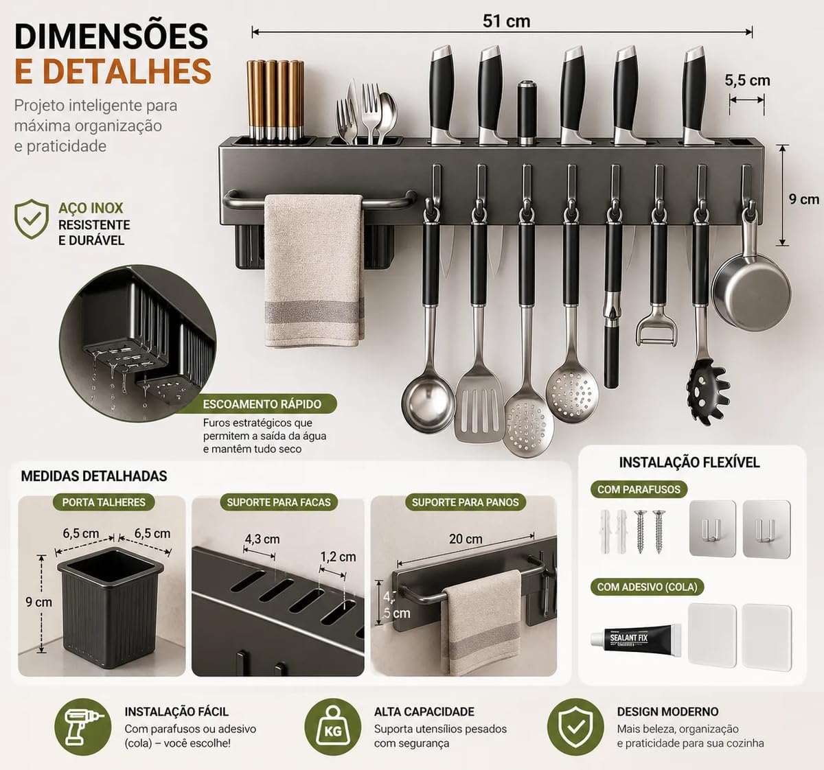 Organizador de Cozinha Parede Inox Cinza 10 Ganchos Multifuncional IZEKITCHEN PRO