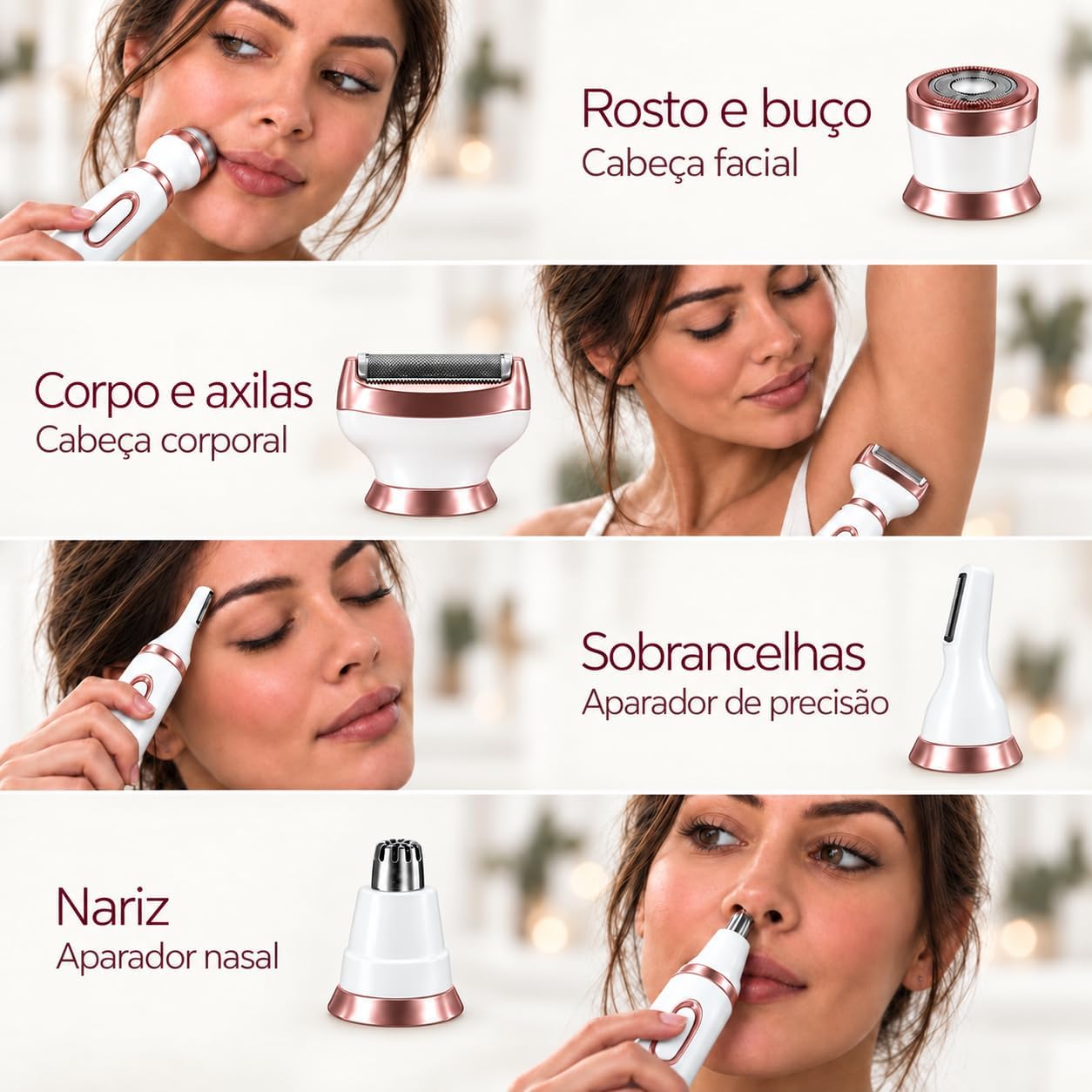 Depilador Elétrico Feminino 4 em 1 Recarregável USB Sem Fio com 4 Cabeças em Aço Inoxidável para Rosto e Corpo IZECARE