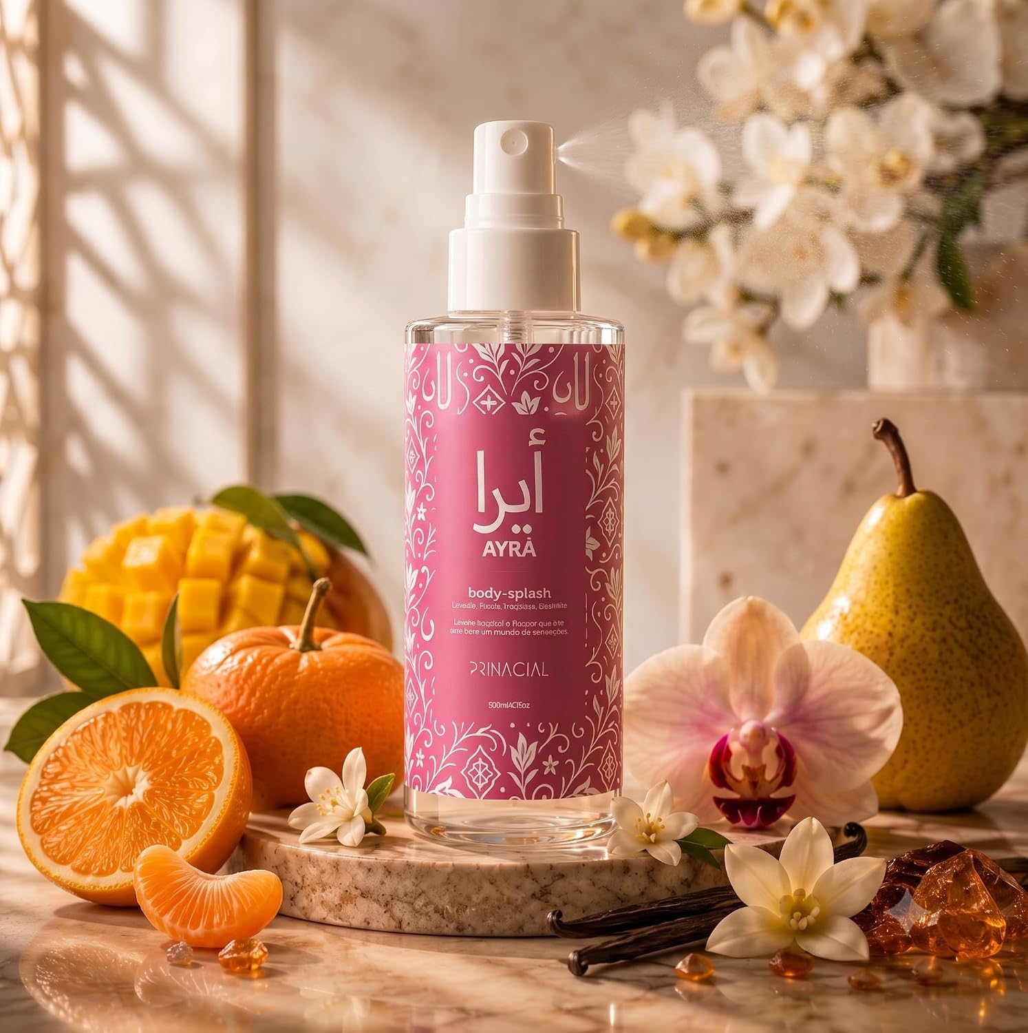 Body Splash Feminino Ayra Primacial 100 ml Floral Gourmand com Baunilha, Tangerina e Sândalo para Uso Diário