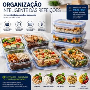 Kit 10 Potes de Vidro Herméticos 640 ml com 4 Travas, Reutilizáveis para Marmita, Forno, Micro-ondas e Freezer IZEHOME